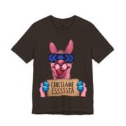 Cancelame Esssssta satirical t-shirt with bold Spanish text and llama design by La Llama Politically Incorrect Club
