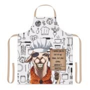 I Invited You To Eat At My Home chef apron with pirate chef llama holding wooden sign by La Llama Politically Incorrect Club