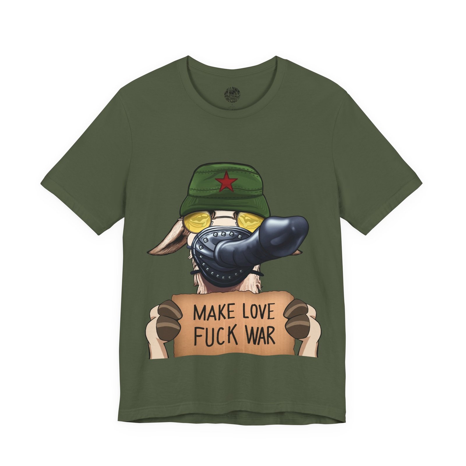 JP the Make Love F War Llama anti war humor t-shirt with peace movement design by La Llama Politically Incorrect Club