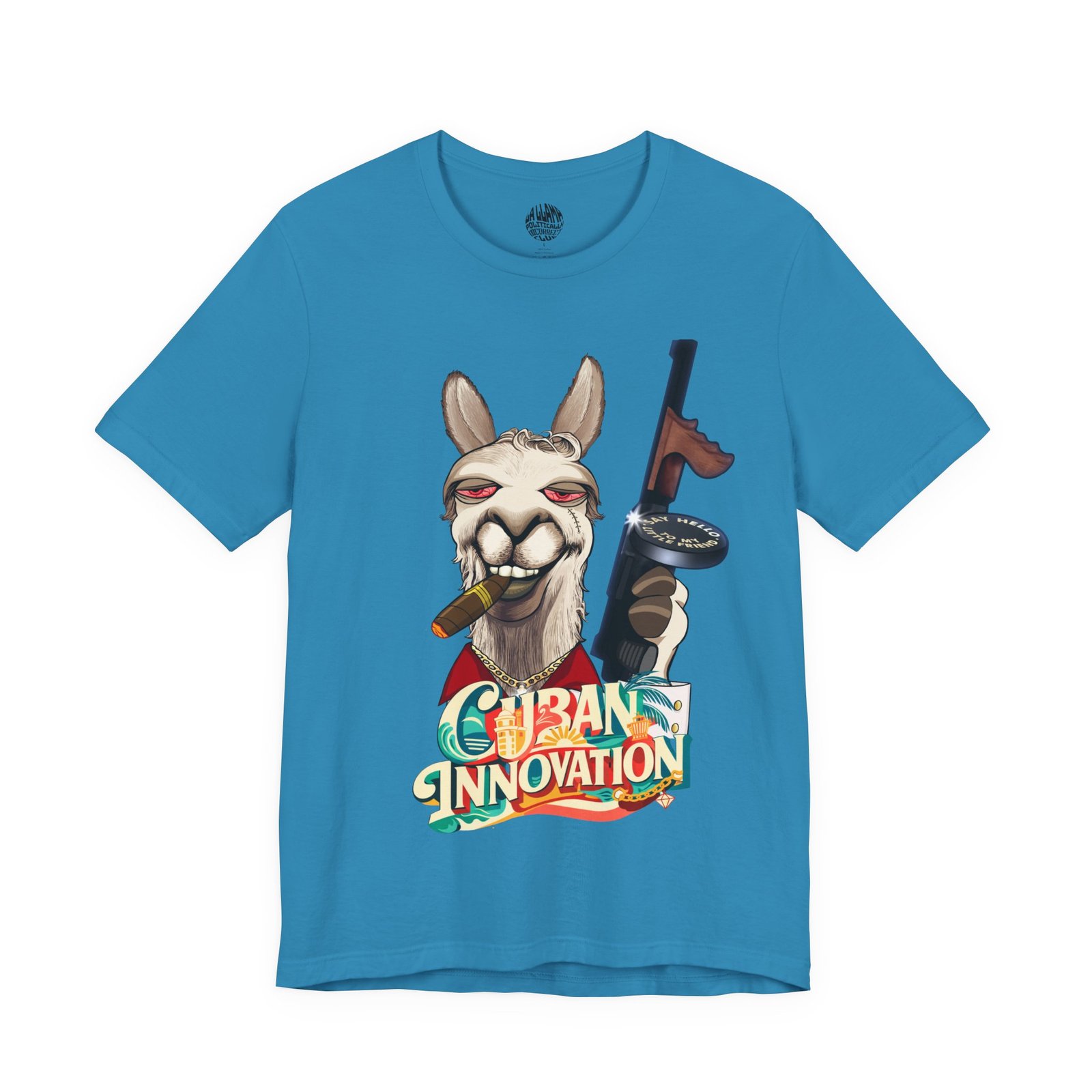 Cuban Innovation Llama gangster parody t-shirt with tropical hustle design by La Llama Politically Incorrect Club
