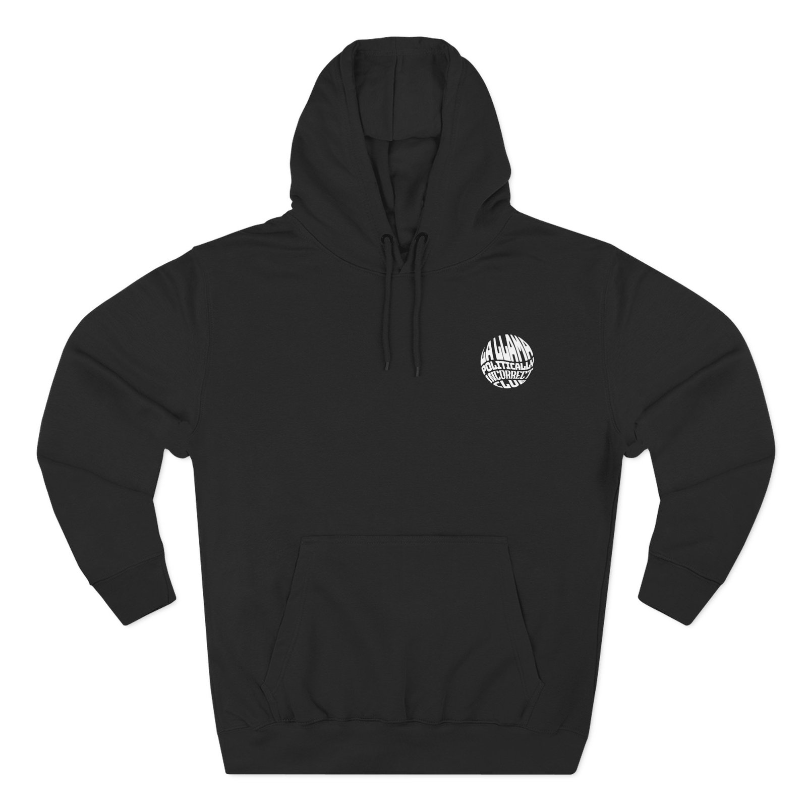 Black Cancel Cancel Culture hoodie with embroidered LLP chest logo and bold hand-lettered back print by La Llama Politically Incorrect Club