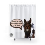 No Peeing Pooping and Spitting shower curtain with grinning llama holding shower head and speech bubble by La Llama Politically Incorrect Club