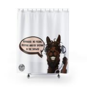 No Peeing Pooping and Spitting shower curtain with grinning llama holding shower head and speech bubble by La Llama Politically Incorrect Club