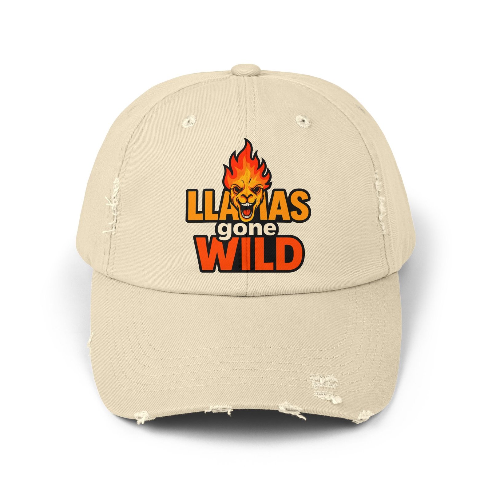 Llamas Gone Wild Flame funny distressed hat with flaming llama design by La Llama Politically Incorrect Club