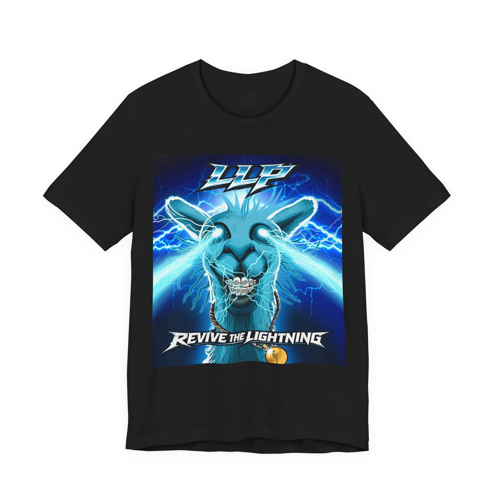 Revive the Lightning rock parody t-shirt with lightning-charged llama design by La Llama Politically Incorrect Club