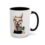 GM Llama funny coffee mug with sleepy llama holding coffee cup by La Llama Politically Incorrect Club