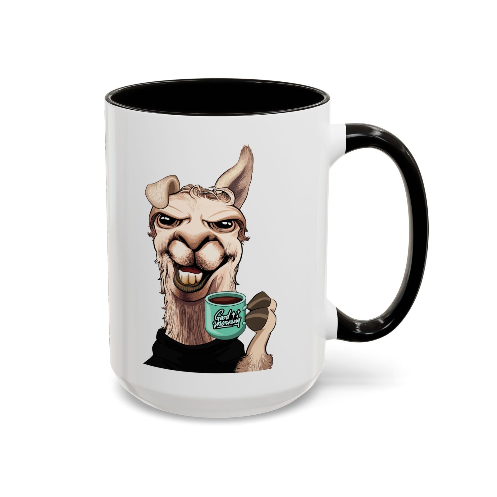 GM Llama funny coffee mug with sleepy llama holding coffee cup by La Llama Politically Incorrect Club
