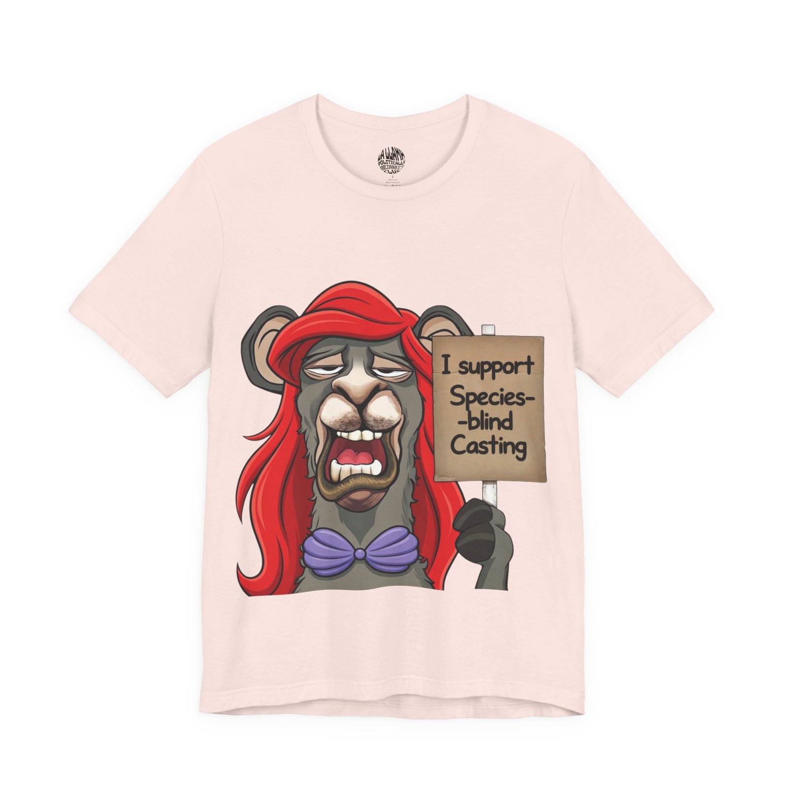 The Little Llama casting parody t-shirt with llama in red wig design by La Llama Politically Incorrect Club