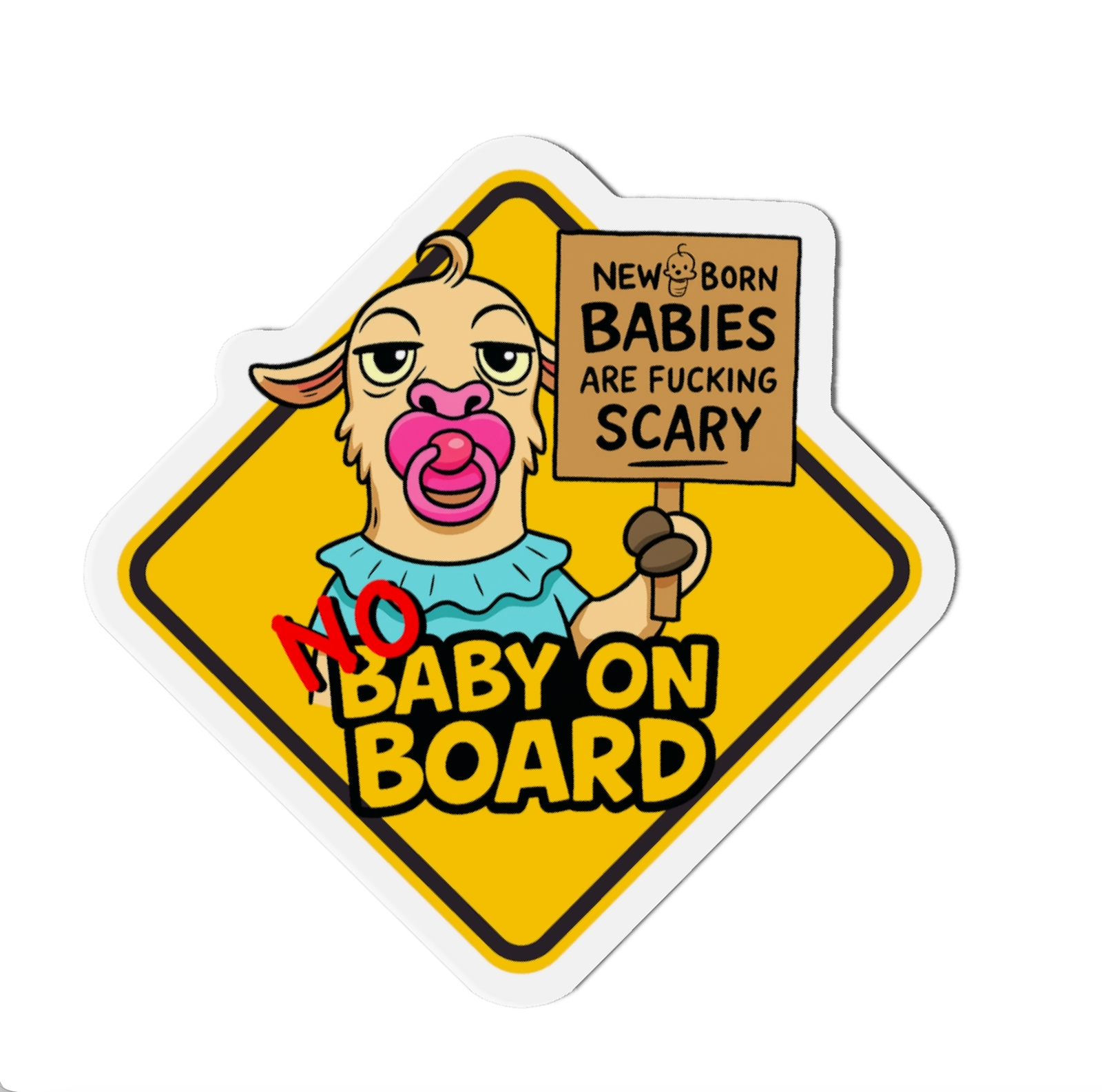 No Baby On Board parody die-cut car magnet with baby llama and pacifier by La Llama Politically Incorrect Club
