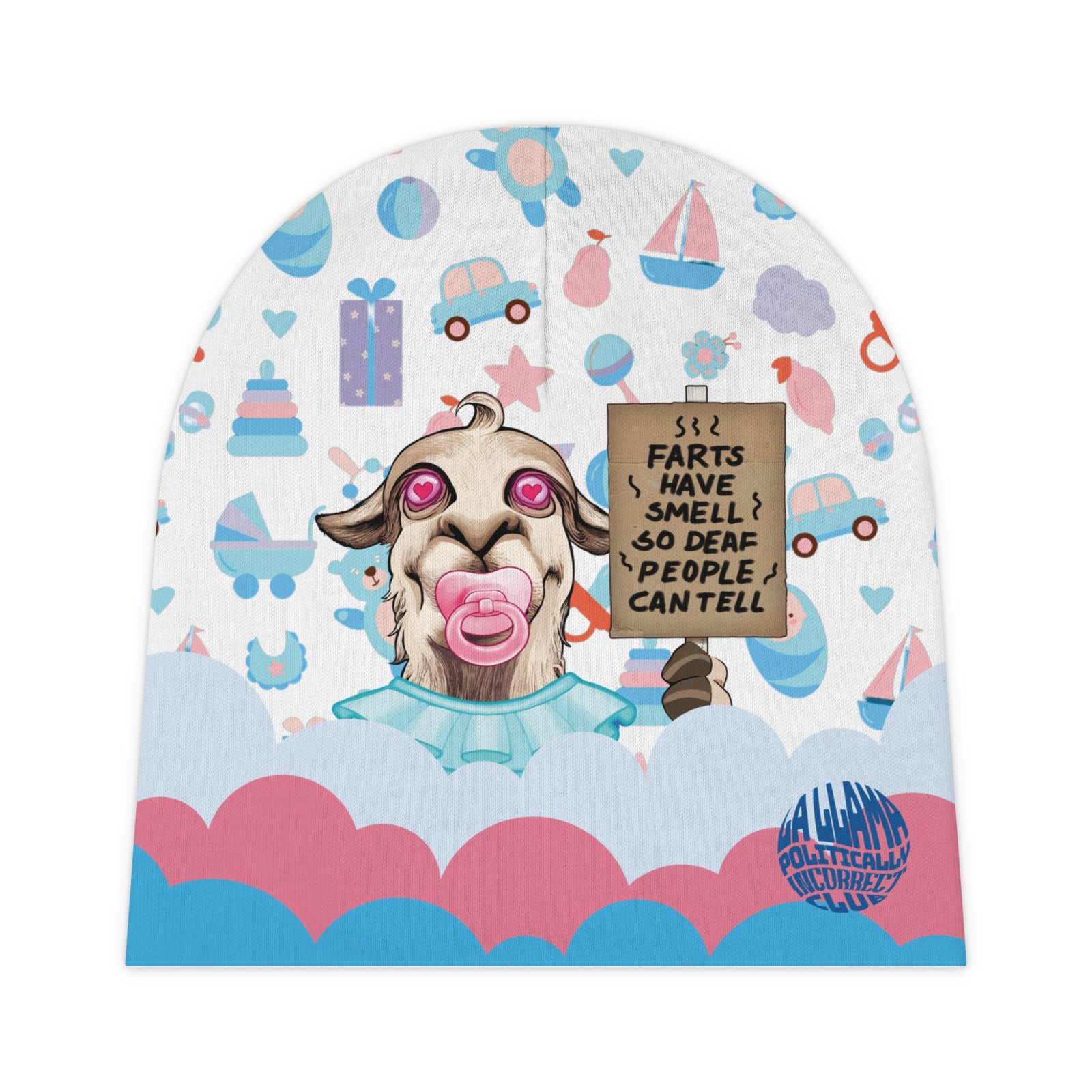 Farts Have Smell So Deaf People Can Tell funny baby beanie with baby llama holding sign by La Llama Politically Incorrect Club