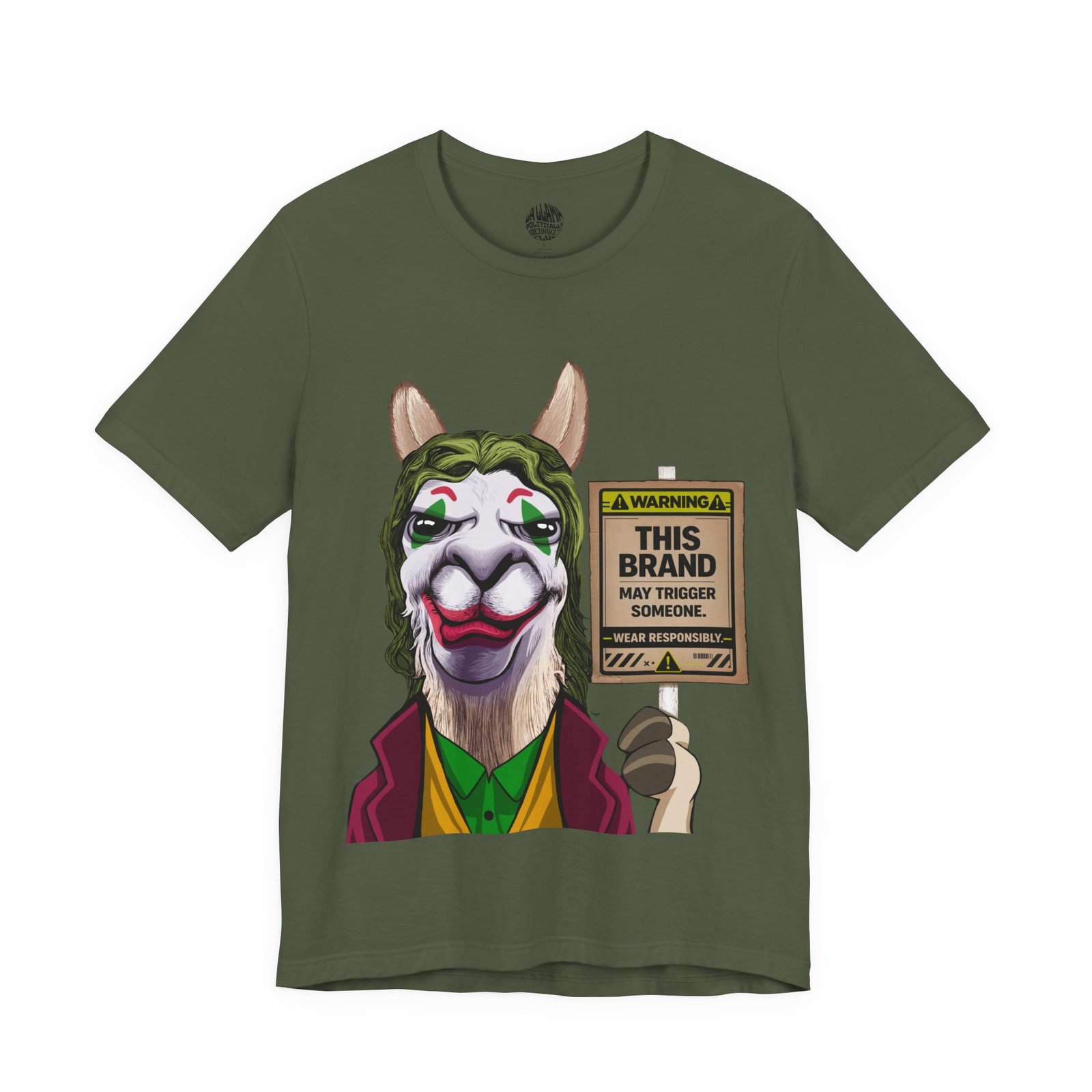 This Brand May Trigger Someone trigger warning t-shirt with joker-style llama in face paint by La Llama Politically Incorrect Club