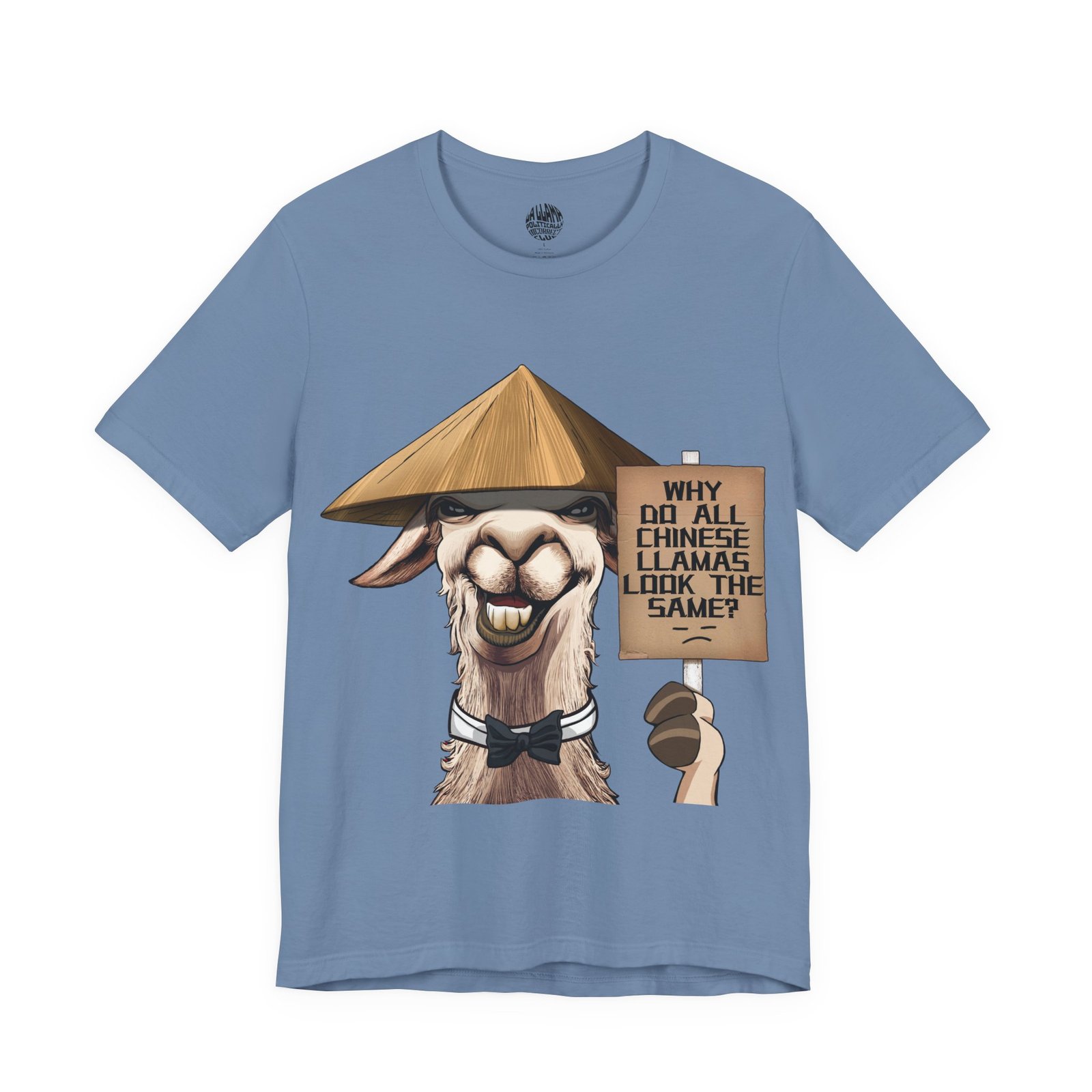 Why Do All Chinese Llamas Look the Same dark humor t-shirt with llama design by La Llama Politically Incorrect Club