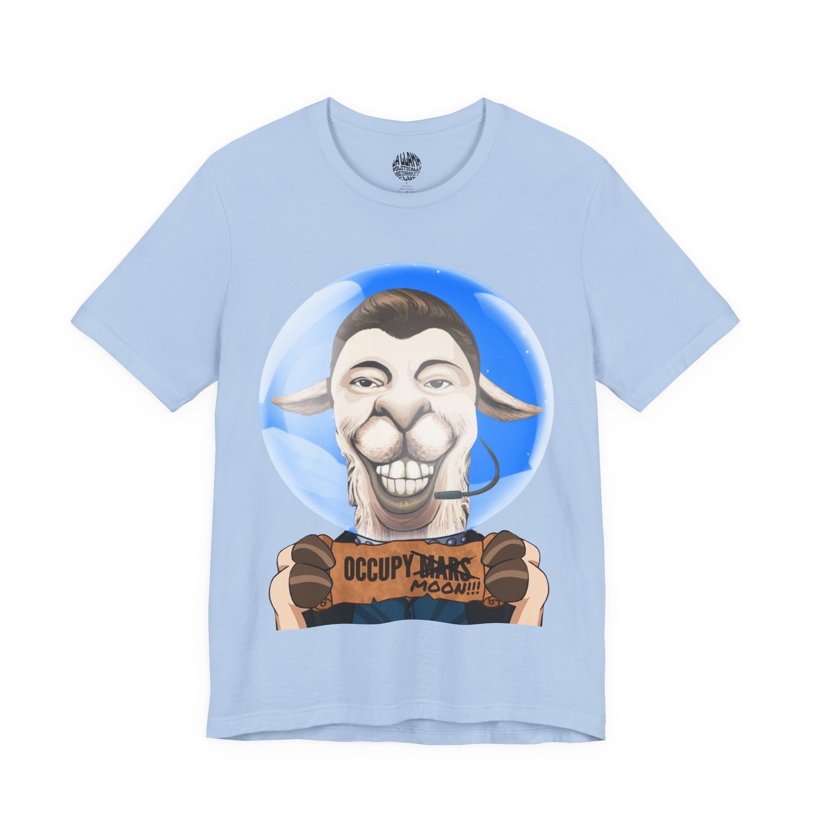 Occupy Moon funny protest t-shirt with llama space design by La Llama Politically Incorrect Club