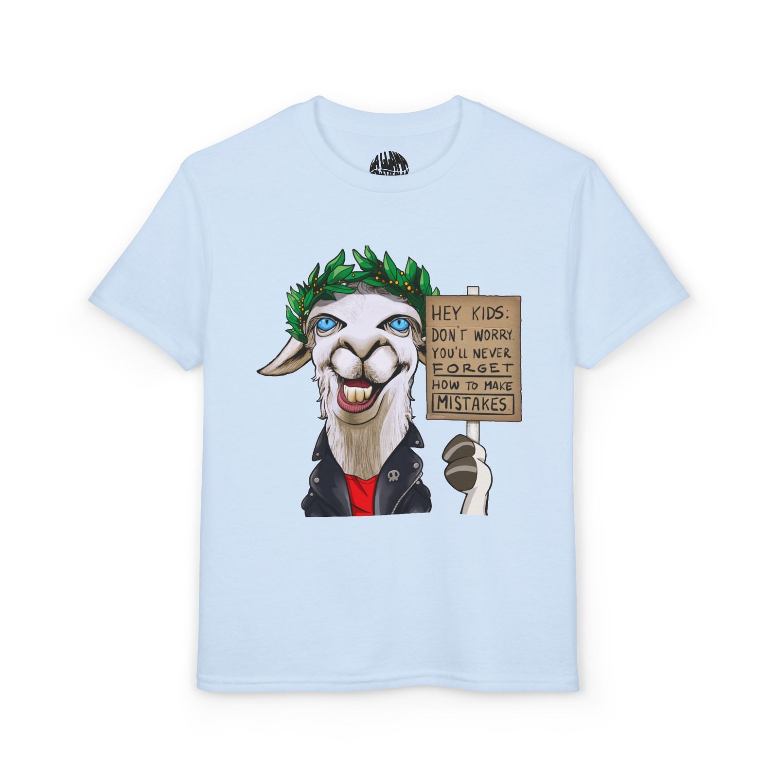 Elmer the Hey Kids Don't Worry Llama funny youth tee with laurel crown design by La Llama Politically Incorrect Club