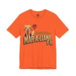 Orange t-shirt with Mar-a-Llama design featuring a llama in a golden hairpiece giving a salute in retro travel postcard style