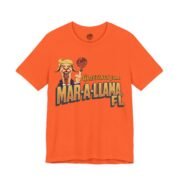 Orange t-shirt with Mar-a-Llama design featuring a llama in a golden hairpiece giving a salute in retro travel postcard style