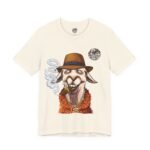 Funny pimp shirt in natural cream, La Llama design with a llama in a fur coat ironing before sunrise.