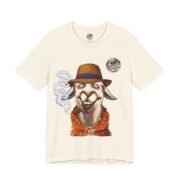 Funny pimp shirt in natural cream, La Llama design with a llama in a fur coat ironing before sunrise.