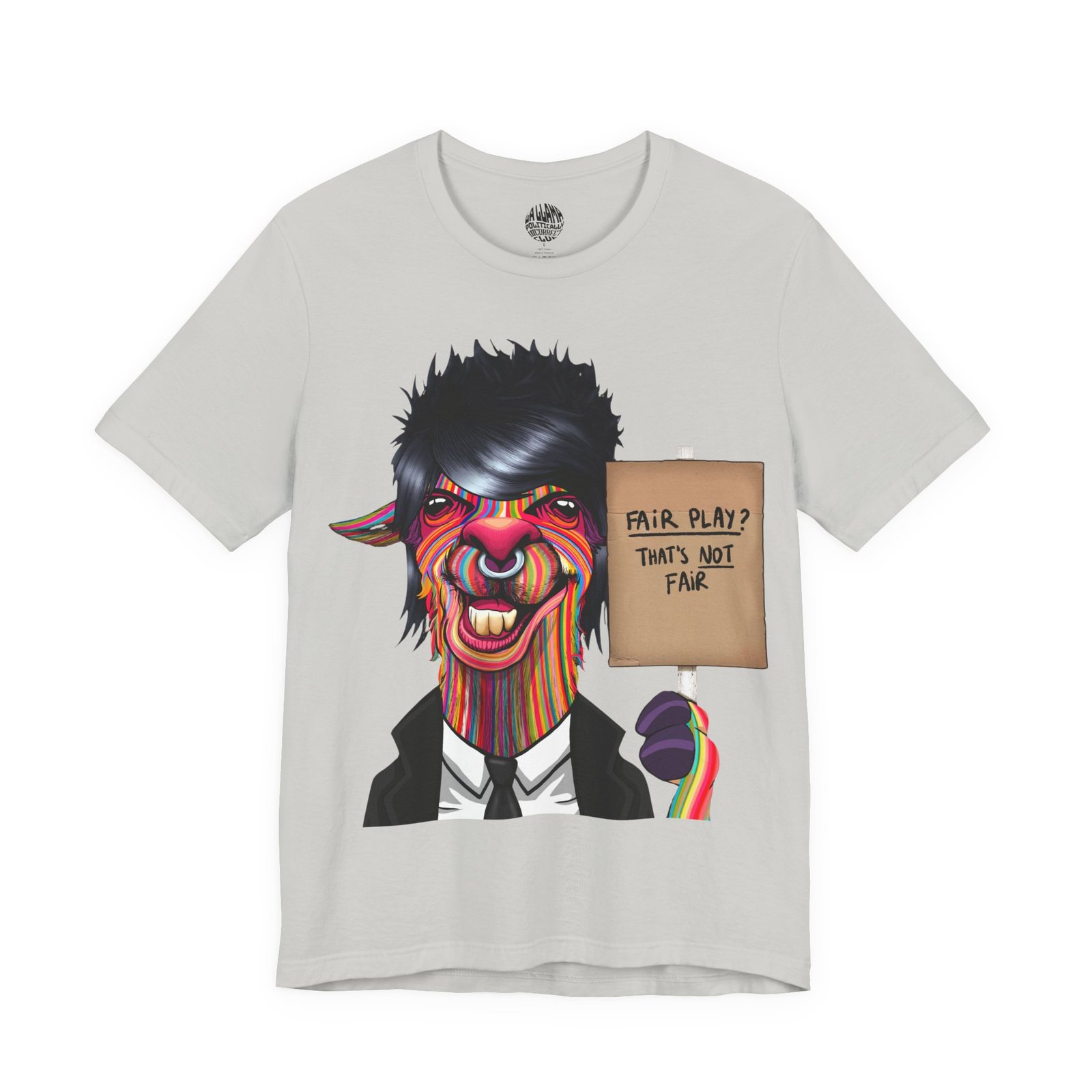 Jim the Fair Play That's Not Fair Llama social commentary t-shirt by La Llama Politically Incorrect Club.