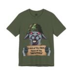 Free speech shirt in military green, La Llama design with a llama in a helmet holding a sign at the barbecue, defending unfiltered speech at America's 250th.