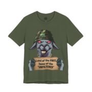 Free speech shirt in military green, La Llama design with a llama in a helmet holding a sign at the barbecue, defending unfiltered speech at America's 250th.