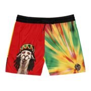 Funny swim shorts with a green llama in sunglasses in LlamaLand, La Llama Politically Incorrect Club design for the man whose calm at work came from two miles away.