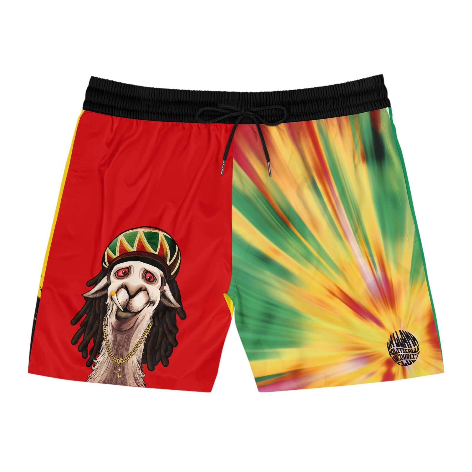 Funny swim shorts with a green llama in sunglasses in LlamaLand, La Llama Politically Incorrect Club design for the man whose calm at work came from two miles away.