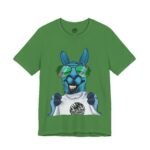 Anti capitalism shirt in leaf green, La Llama design with a llama who flipped a two hundred dollar label and drove eight miles to fix it.