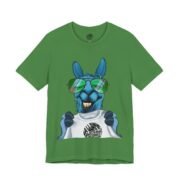 Anti capitalism shirt in leaf green, La Llama design with a llama who flipped a two hundred dollar label and drove eight miles to fix it.