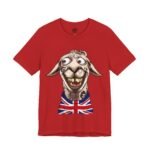 Funny british smile shirt in red, La Llama design with a llama walking out of the dentist after one accent confirmed the pattern.