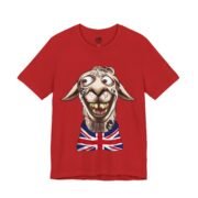 Funny british smile shirt in red, La Llama design with a llama walking out of the dentist after one accent confirmed the pattern.
