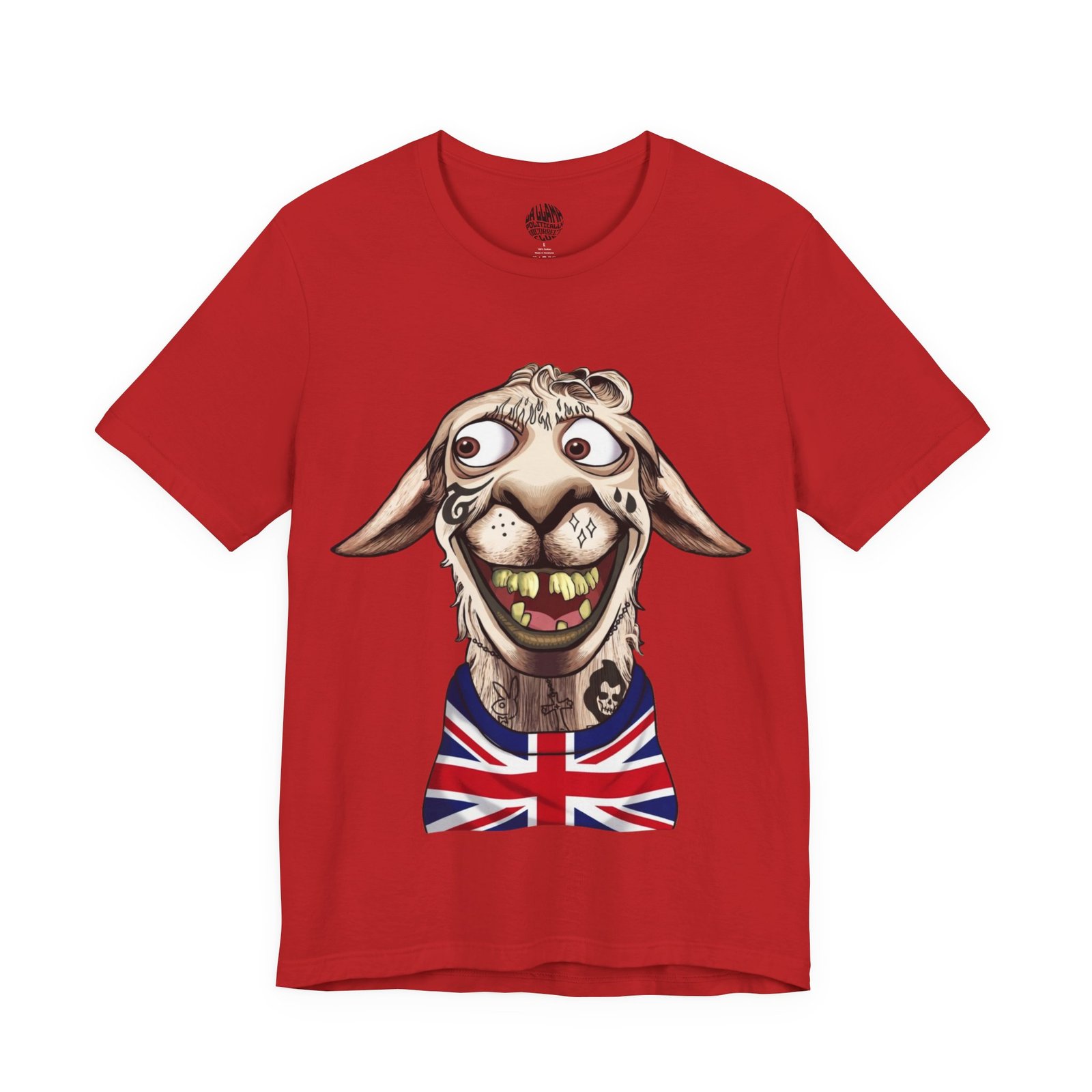 16170071669531153938_2048-1.jpeg Funny british smile shirt in red, La Llama design with a llama walking out of the dentist after one accent confirmed the pattern.