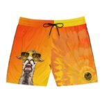 Mens beach shorts in green with a llama in sunglasses, La Llama Politically Incorrect Club design for the man whose vibe arrived before he did.