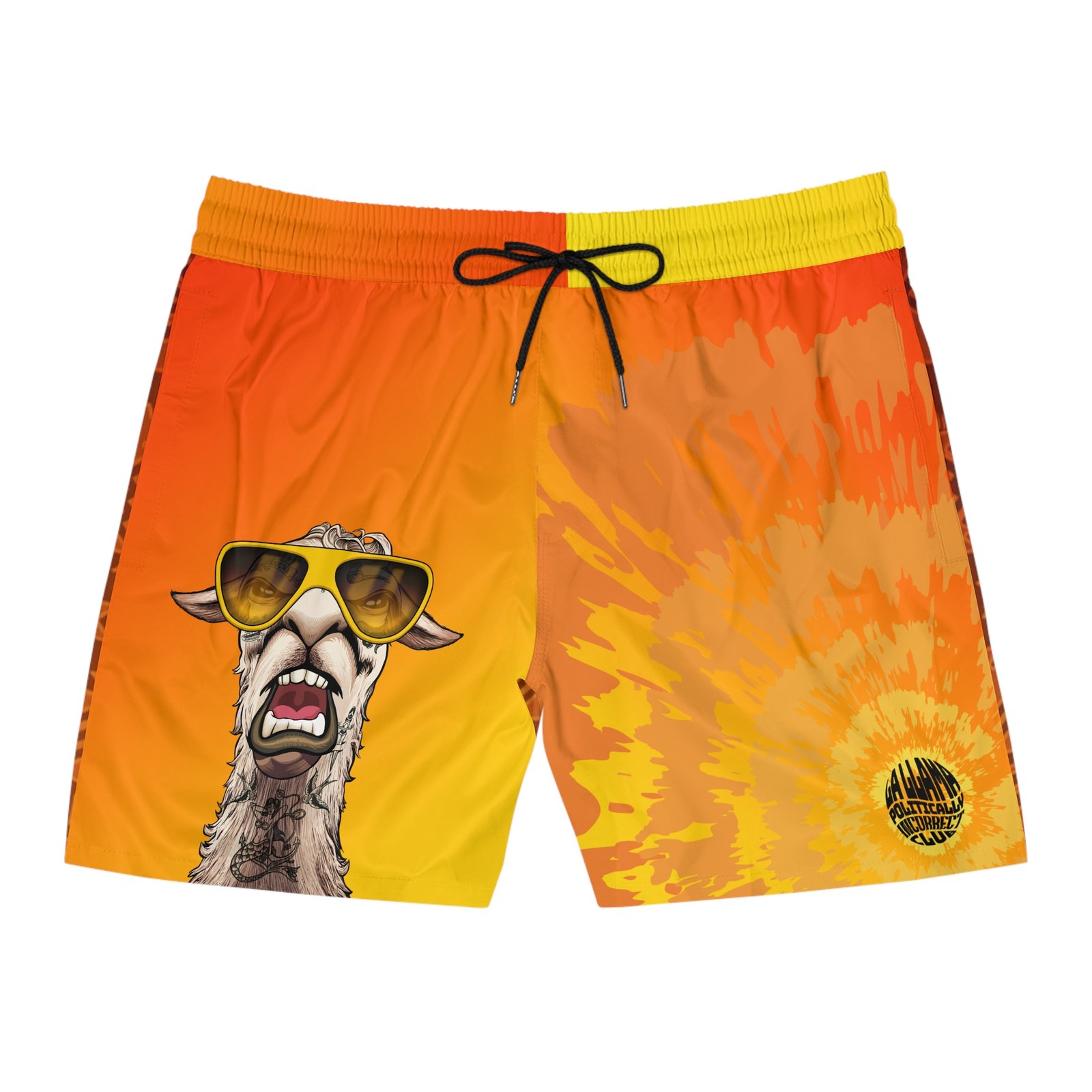 Mens beach shorts in green with a llama in sunglasses, La Llama Politically Incorrect Club design for the man whose vibe arrived before he did.