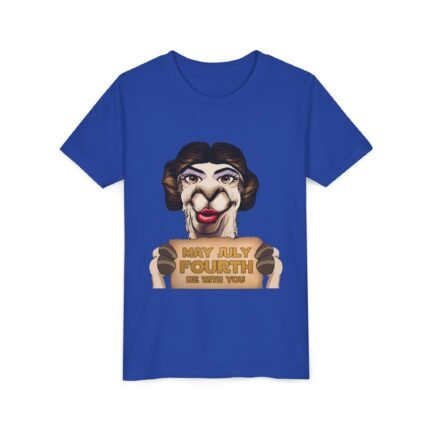 Funny princess girls shirt in true royal blue, La Llama Politically Incorrect Club design, little llama princess who merged the Force and the Fourth into one tradition.