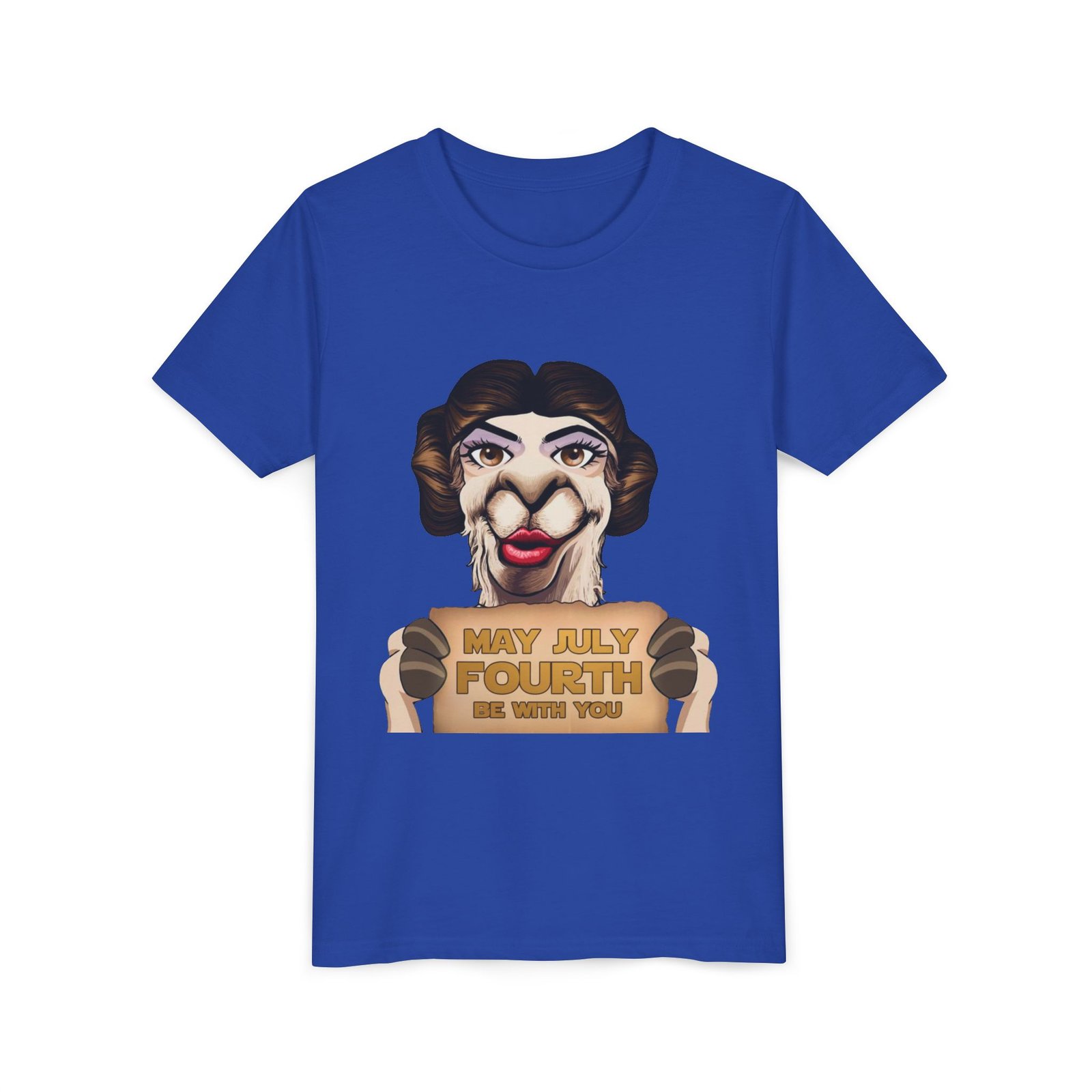 Funny princess girls shirt in true royal blue, La Llama Politically Incorrect Club design, little llama princess who merged the Force and the Fourth into one tradition.