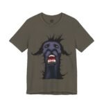 4th of July shirt in red, La Llama design with a llama lighting the long fuse and running toward the lake at full speed.