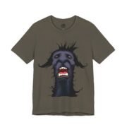 4th of July shirt in red, La Llama design with a llama lighting the long fuse and running toward the lake at full speed.