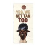 Funny pool towel with a llama and a dark-furred friend at the beach, La Llama Politically Incorrect Club design for the man who finally asked the question out loud.