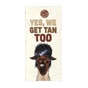Funny pool towel with a llama and a dark-furred friend at the beach, La Llama Politically Incorrect Club design for the man who finally asked the question out loud.
