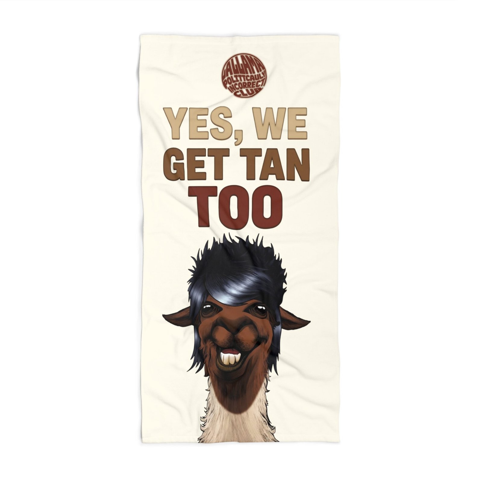 Funny pool towel with a llama and a dark-furred friend at the beach, La Llama Politically Incorrect Club design for the man who finally asked the question out loud.