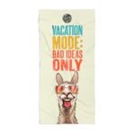 Vacation beach towel sized 36 by 72 inches with a llama in vacation mode, La Llama Politically Incorrect Club design for the man whose annual switch from organized to unavailable has never once failed to activate.