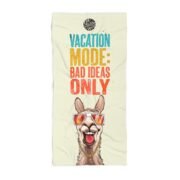 Vacation beach towel sized 36 by 72 inches with a llama in vacation mode, La Llama Politically Incorrect Club design for the man whose annual switch from organized to unavailable has never once failed to activate.