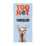 Anti cancel culture beach towel sized 36 by 72 inches with a shirtless llama at the party, La Llama Politically Incorrect Club design for the man who tested the rules three times and watched the outcome confirm itself.