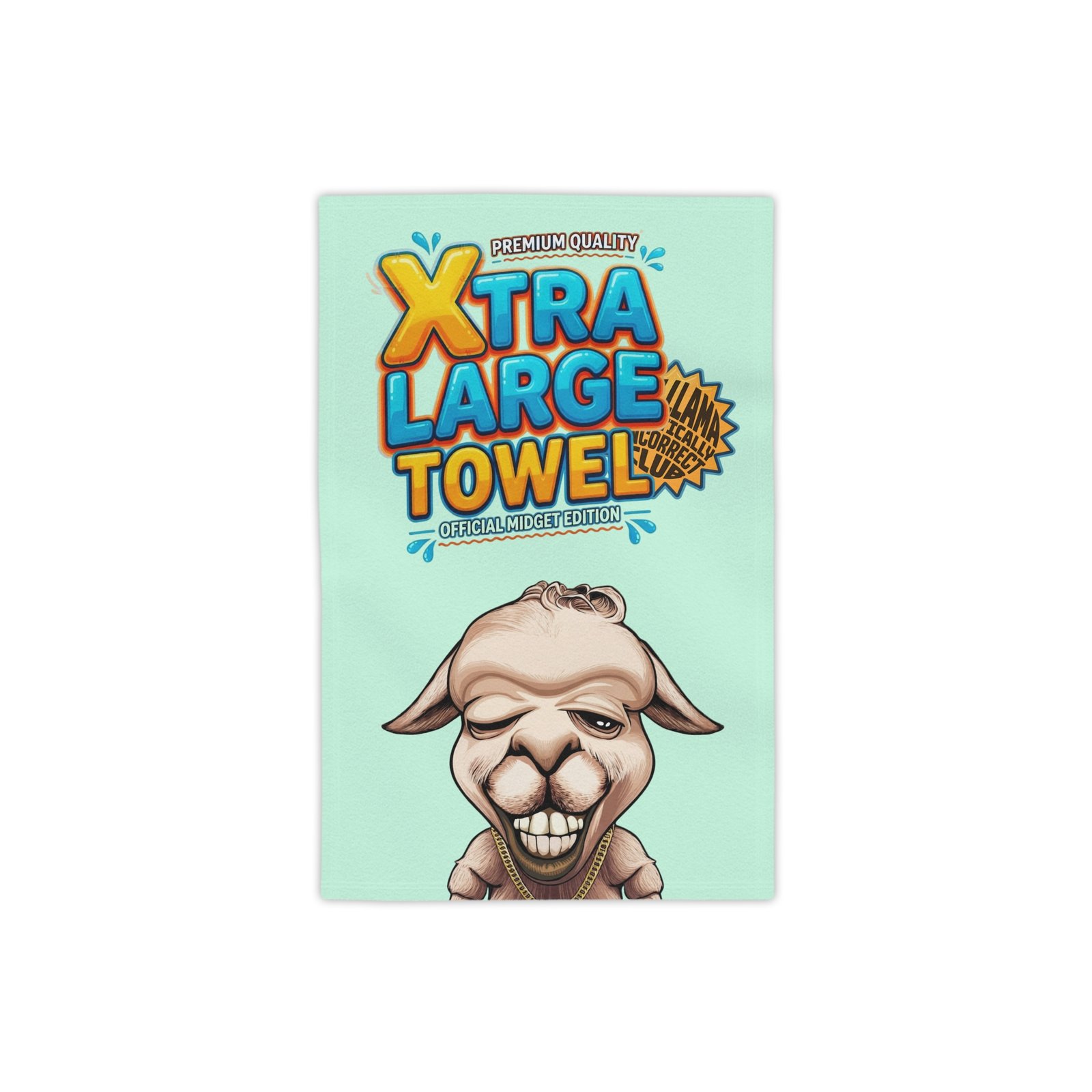 Small beach towel sized 18 by 27 inches, La Llama Politically Incorrect Club design for the llama who introduced his short friend as his little brother for years.
