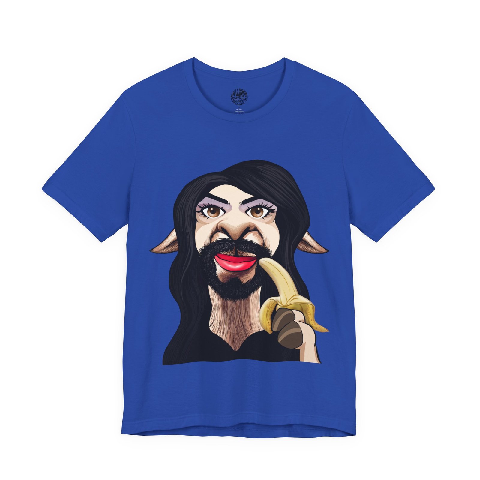 Funny anti pride shirt in true royal blue, La Llama Politically Incorrect Club design, llama who never confused who anyone was with how they dressed it.