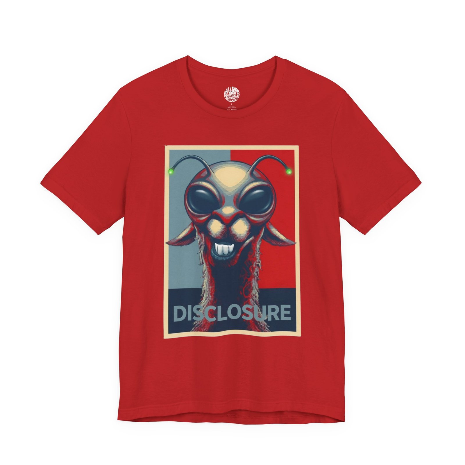 UFO disclosure shirt in Red, La Llama Politically Incorrect Club design with a llama who watched something cross the sky and waited seventeen years for the government to confirm it.